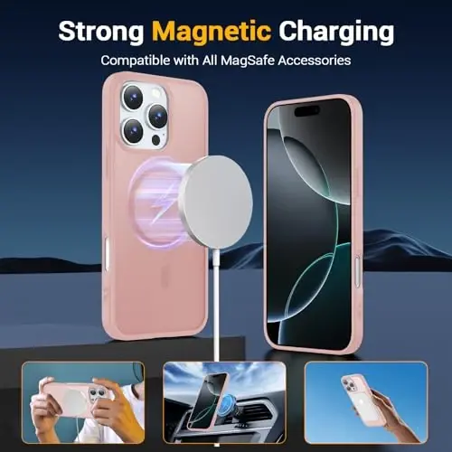 Temdan iPhone 16 Pro uchun g‘ilof, Magsafe bilan mos, sarg‘ayishga qarshi, harbiy darajadagi himoya, zarbaga chidamli ingichka magnitli telefon g‘ilof qopqog‘i, och pushti - 3