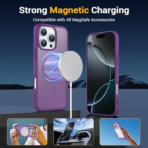 Temdan iPhone 16 Pro uchun g'ilof, Magsafe bilan mos, sarg'ayishga qarshi, harbiy darajadagi himoya, zarbga chidamli ingichka magnitli telefon g'ilofi, to'q binafsha - 3