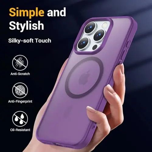 Temdan iPhone 16 Pro uchun g'ilof, Magsafe bilan mos, sarg'ayishga qarshi, harbiy darajadagi himoya, zarbga chidamli ingichka magnitli telefon g'ilofi, to'q binafsha - 6