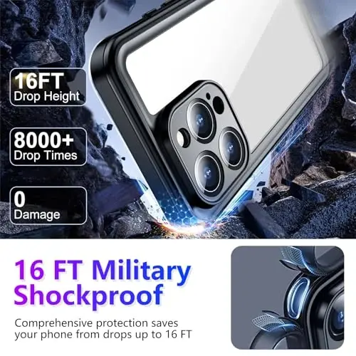 Temdan iPhone 16 Pro uchun mos keladigan suv o'tkazmaydigan g'ilof, o'rnatilgan ekran va kamera himoyachisi IP68 suv ostida to'liq korpus 16FT harbiy tomchiga chidamli zarbga chidamli telefon g'ilofi 6,3