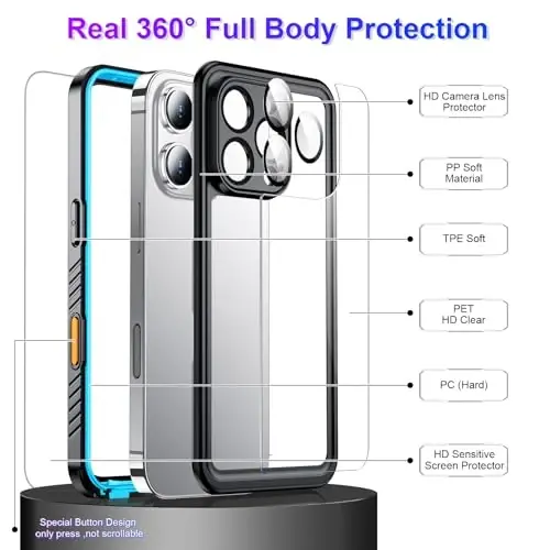 Temdan iPhone 16 Pro uchun mos keladigan suv o'tkazmaydigan g'ilof, o'rnatilgan ekran va kamera himoyachisi IP68 suv ostida to'liq korpus 16FT harbiy tomchiga chidamli zarbga chidamli telefon g'ilofi 6,3