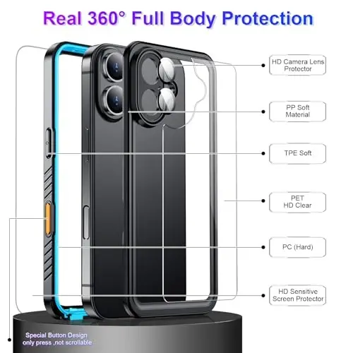 Temdan iPhone 16 uchun g'ilof bilan mos keladi, suv o'tkazmaydigan, o'rnatilgan ekran va kamera himoyachisi IP68 suv ostida to'liq korpus 16FT harbiy tomchiga chidamli zarbaga chidamli telefon g'ilofi 6.1