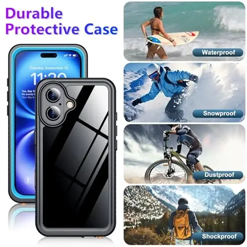 Temdan iPhone 16 uchun g'ilof bilan mos keladi, suv o'tkazmaydigan, o'rnatilgan ekran va kamera himoyachisi IP68 suv ostida to'liq korpus 16FT harbiy tomchiga chidamli zarbaga chidamli telefon g'ilofi 6.1