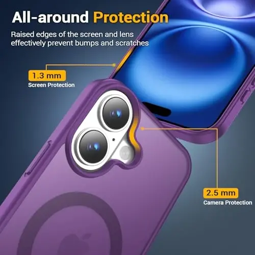 Temdan iPhone 16 uchun g'ilof, Magsafe bilan mos, sarg'ayishga qarshi, harbiy darajadagi himoya, zarbga chidamli ingichka magnitli telefon g'ilof qopqog'i, to'q binafsha - 4