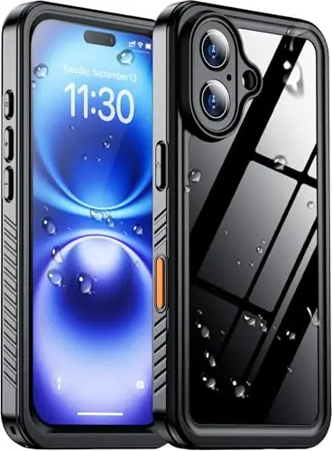 Temdan iPhone 16 uchun mos holat Suv oʻtkazmaydigan, Oʻrnatilgan ekran va kamera himoyachisi IP68 Suv ostida Toʻliq tanali 4,87 m Harbiy tomchilardan himoyalangan Zarbaga chidamli Telefon holati 6,1 dyuym - Qora/Shaffof - 2