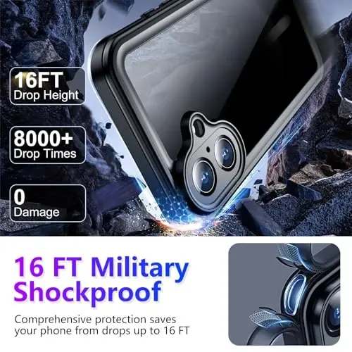 Temdan iPhone 16 uchun mos holat Suv oʻtkazmaydigan, Oʻrnatilgan ekran va kamera himoyachisi IP68 Suv ostida Toʻliq tanali 4,87 m Harbiy tomchilardan himoyalangan Zarbaga chidamli Telefon holati 6,1 dyuym - Qora/Shaffof - 4