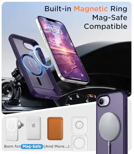Temdan Magnetic Compatible with iPhone 16E Case, [Built-in Invisible Kickstand][Compatible with MagSafe][Military Grade Shockproof] Slim Translucent Matte Case for iPhone 16E 6.1