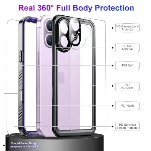 Temdan iPhone 17 G‘ilofiga mos keladi, Suv o‘tkazmaydigan o‘rnatilgan ekran va kamera himoyachisi IP68 Suv ostidagi to‘liq korpus 17 fut harbiy tushishdan himoyalangan zarbaga chidamli telefon g‘ilofi 6.3 dyuym - Binafsha/Shaffof - 4