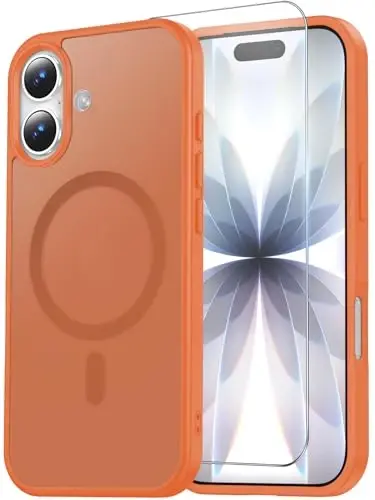Temdan iPhone 17 Kes uchun Ekran Himoyachisi bilan, Magsafe bilan Mos, Sarg'ayishga qarshi, Harbiy Darajadagi Himoya, Zarbaga Chidamli Yupqa Magnet Telefon G'ilofi Qopqog'i, To'q sariq 