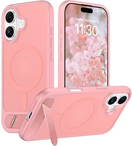 Temdan Designed for iPhone 17 Case, [Built-in Invisible Kickstand][Compatible with MagSafe][Military Grade Shockproof] Slim Translucent Matte Phone Case 6.3 inch (Pink) - 1