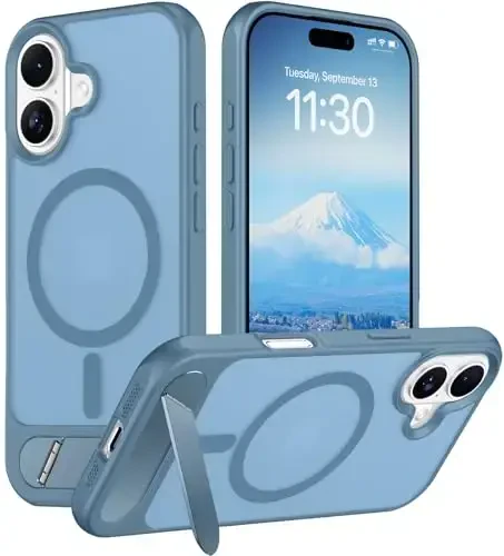 Temdan Designed for iPhone 17 Case, [Built-in Invisible Kickstand][Compatible with MagSafe][Military Grade Shockproof] Slim Translucent Matte Phone Case 6.3 inch (Light Blue) - 1