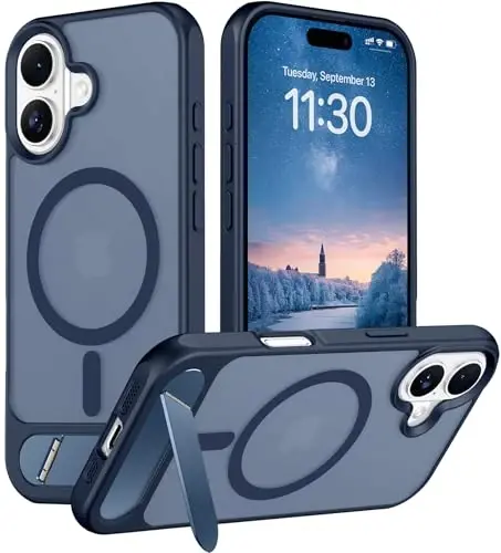Temdan Designed for iPhone 17 Case, [Built-in Invisible Kickstand][Compatible with MagSafe][Military Grade Shockproof] Slim Translucent Matte Phone Case 6.3 inch (Blue) 