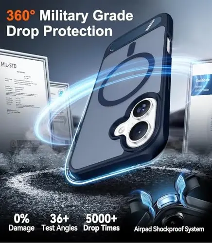 Temdan Designed for iPhone 17 Case, [Built-in Invisible Kickstand][Compatible with MagSafe][Military Grade Shockproof] Slim Translucent Matte Phone Case 6.3 inch (Blue) - 4