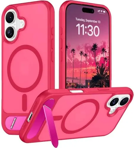 Temdan Designed for iPhone 17 Case, [Built-in Invisible Kickstand][Compatible with MagSafe][Military Grade Shockproof] Slim Translucent Matte Phone Case 6.3 inch (Hot Pink) - 1