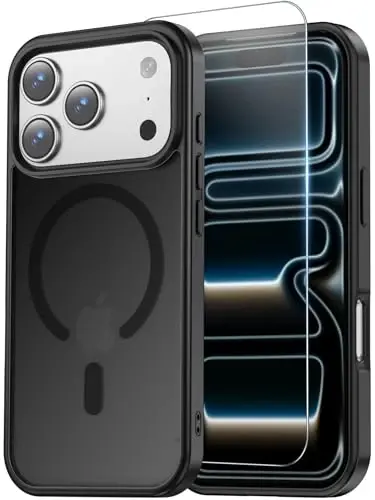 Temdan iPhone 17 Pro g‘ilofi shisha ekran himoyasi bilan, Shaffof, Magsafe bilan mos keladi, Sariqlikka qarshi, Harbiy darajadagi himoya, Zarbaga chidamli yupqa magnit telefon g‘ilofi qopqog‘i, Qora 