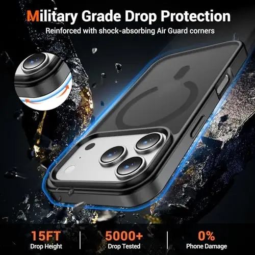 Temdan iPhone 17 Pro g‘ilofi shisha ekran himoyasi bilan, Shaffof, Magsafe bilan mos keladi, Sariqlikka qarshi, Harbiy darajadagi himoya, Zarbaga chidamli yupqa magnit telefon g‘ilofi qopqog‘i, Qora - 4