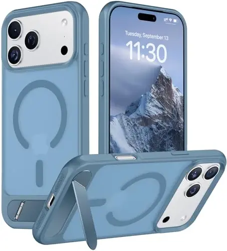 Temdan Designed for iPhone 17 Pro Case, [Built-in Invisible Kickstand][Compatible with MagSafe][Military Grade Shockproof] Slim Translucent Matte Phone Case 6.3 inch (Light Blue) - 1
