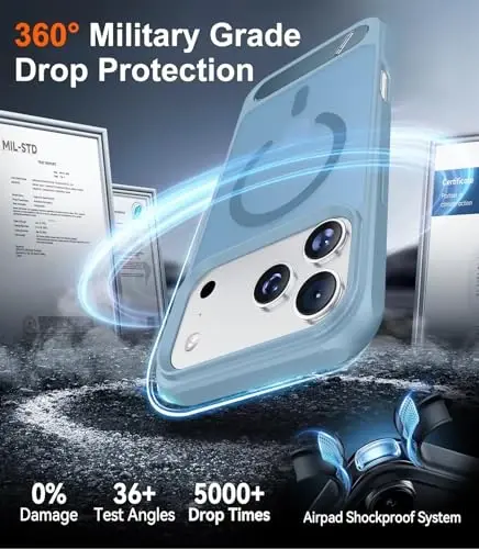 Temdan Designed for iPhone 17 Pro Case, [Built-in Invisible Kickstand][Compatible with MagSafe][Military Grade Shockproof] Slim Translucent Matte Phone Case 6.3 inch (Light Blue) - 5