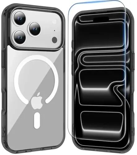 Temdan for iPhone 17 Pro Case Clear with Screen Protector, Compatible with Magsafe, Anti-Yellowing, Military-Grade Protection, Shockproof Slim Magnetic Phone Case Cover, Black - TEMDAN