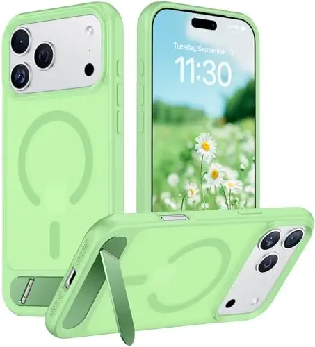 Temdan Designed for iPhone 17 Pro Case, [Built-in Invisible Kickstand][Compatible with MagSafe][Military Grade Shockproof] Slim Translucent Matte Phone Case 6.3 inch (Light Green) - 1