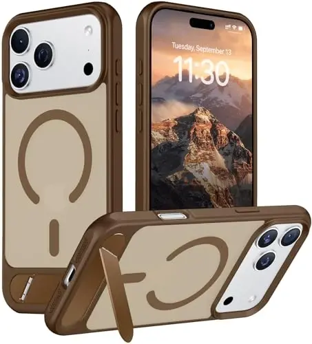 Temdan Designed for iPhone 17 Pro Case, [Built-in Invisible Kickstand][Compatible with MagSafe][Military Grade Shockproof] Slim Translucent Matte Phone Case 6.3 inch (Desert Brown) - 1