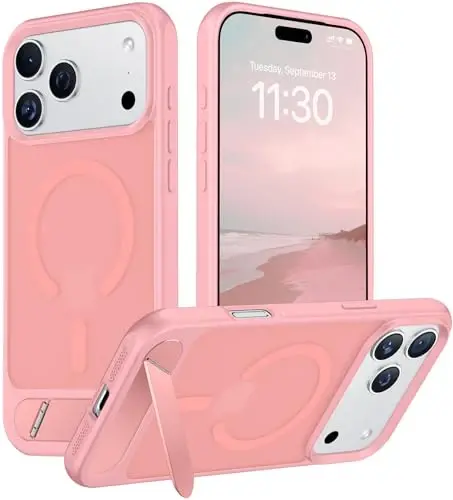 Temdan Designed for iPhone 17 Pro Case, [Built-in Invisible Kickstand][Compatible with MagSafe][Military Grade Shockproof] Slim Translucent Matte Phone Case 6.3 inch (Pink) - 1
