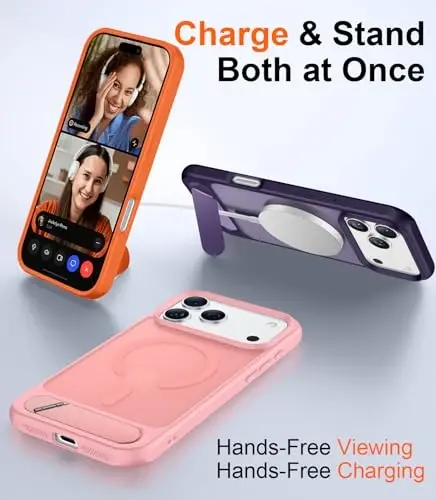 Temdan Designed for iPhone 17 Pro Case, [Built-in Invisible Kickstand][Compatible with MagSafe][Military Grade Shockproof] Slim Translucent Matte Phone Case 6.3 inch (Pink) - 3