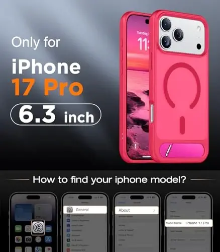 Temdan Designed for iPhone 17 Pro Case, [Built-in Invisible Kickstand][Compatible with MagSafe][Military Grade Shockproof] Slim Translucent Matte Phone Case 6.3 inch (Hot Pink) - 2