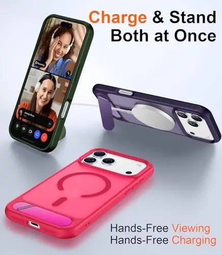 Temdan Designed for iPhone 17 Pro Case, [Built-in Invisible Kickstand][Compatible with MagSafe][Military Grade Shockproof] Slim Translucent Matte Phone Case 6.3 inch (Hot Pink) - 3