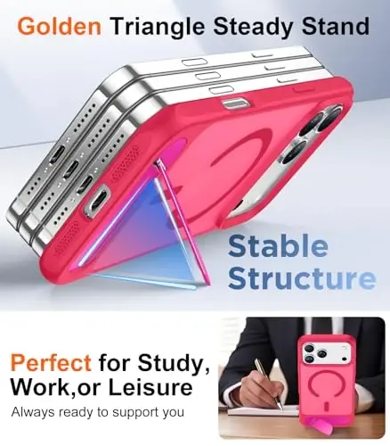 Temdan Designed for iPhone 17 Pro Case, [Built-in Invisible Kickstand][Compatible with MagSafe][Military Grade Shockproof] Slim Translucent Matte Phone Case 6.3 inch (Hot Pink) - 4