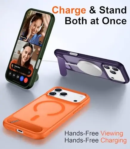 Temdan Designed for iPhone 17 Pro Case, [Built-in Invisible Kickstand][Compatible with MagSafe][Military Grade Shockproof] Slim Translucent Matte Phone Case 6.3 inch (Orange) - 3