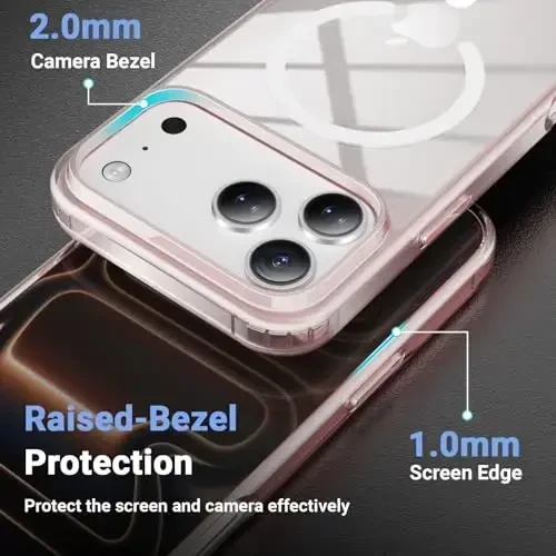 Temdan for iPhone 17 Pro Case Clear with Screen Protector, Compatible with Magsafe, Anti-Yellowing, Military-Grade Protection, Shockproof Slim Magnetic Phone Case Cover, Pink - 6