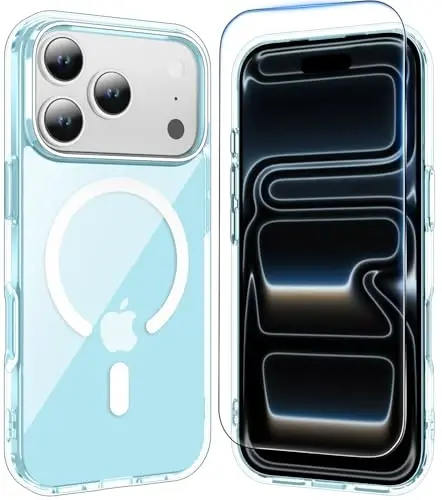 Temdan for iPhone 17 Pro Case Clear with Screen Protector, Compatible with Magsafe, Anti-Yellowing, Military-Grade Protection, Shockproof Slim Magnetic Phone Case Cover, Blue 