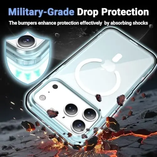 Temdan for iPhone 17 Pro Case Clear with Screen Protector, Compatible with Magsafe, Anti-Yellowing, Military-Grade Protection, Shockproof Slim Magnetic Phone Case Cover, Blue - 4