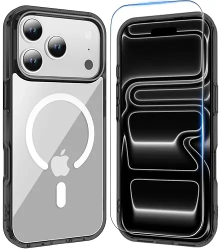Temdan iPhone 17 Pro Max Kılıf, Ekran Koruyuculu Şeffaf, Magsafe Uyumlu, Sararma Karşıtı, Askeri Sınıf Koruma, Darbeye Dayanıklı İnce Manyetik Telefon Kılıfı Kapağı, Siyah 