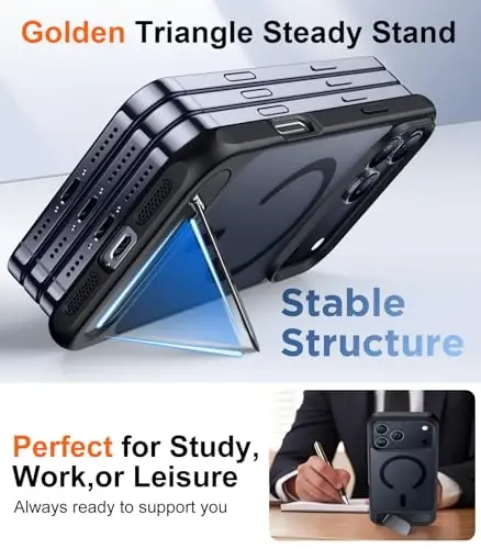 Temdan Designed for iPhone 17 Pro Max Case, [Built-in Invisible Kickstand][Compatible with MagSafe][Military Grade Shockproof] Slim Translucent Matte Phone Case for iPhone 17 Pro Max 6.9 inch (Black) - 4