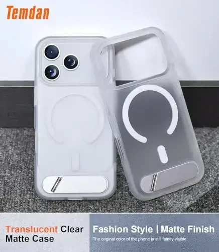 Temdan Designed for iPhone 17 Pro Max Case, [Built-in Invisible Kickstand][Compatible with MagSafe][Military Grade Shockproof] Slim Translucent Matte Phone Case 6.9 inch (Clear Matte) - TEMDAN (1)