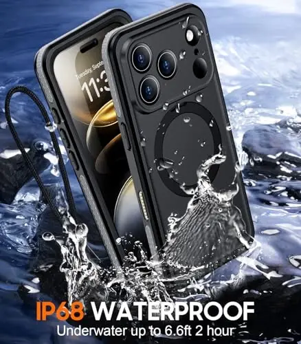 Temdan, iPhone 17 Pro Max Kılıfı ile Manyetik Uyumlu, Su Geçirmez Dahili Ekran ve Kamera Koruyucu IP68 Sualtı Tam Gövde 17FT Askeri Düşmeye Dayanıklı Darbeye Dayanıklı Telefon Kılıfı 6.9