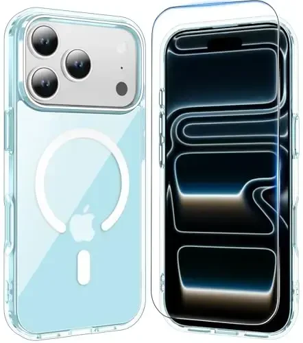 Temdan iPhone 17 Pro Max uchun g'ilof, ekran himoyachisi bilan, Magsafe bilan mos, sarg'ayishga qarshi, harbiy darajadagi himoya, zarbaga chidamli ingichka magnit telefon g'ilofi, ko'k 