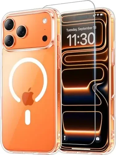 Temdan iPhone 17 Pro Max uchun g'ilof, ekran himoyachisi bilan, Magsafe bilan mos, sarg'ayishga qarshi, harbiy darajadagi himoya, zarbga chidamli ingichka magnit telefon g'ilofi, shaffof 