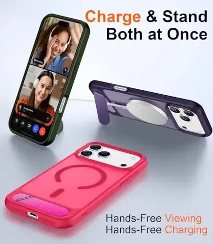 Temdan iPhone 17 Pro Max uchun mo'ljallangan g'ilof, [O'rnatilgan ko'rinmas tirgak][MagSafe bilan mos keladi][Harbiy darajadagi zarbaga chidamli] Yupqa yarim shaffof matli telefon g'ilofi 6,9 dyuym (Hot Pink) - 3