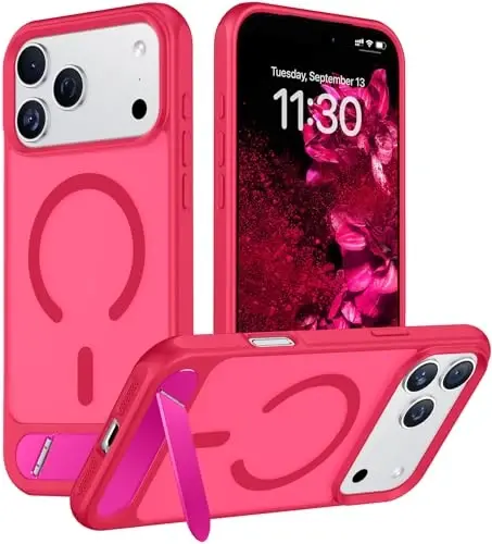 Temdan iPhone 17 Pro Max uchun mo'ljallangan g'ilof, [O'rnatilgan ko'rinmas tirgak][MagSafe bilan mos keladi][Harbiy darajadagi zarbaga chidamli] Yupqa yarim shaffof matli telefon g'ilofi 6,9 dyuym (Hot Pink) 