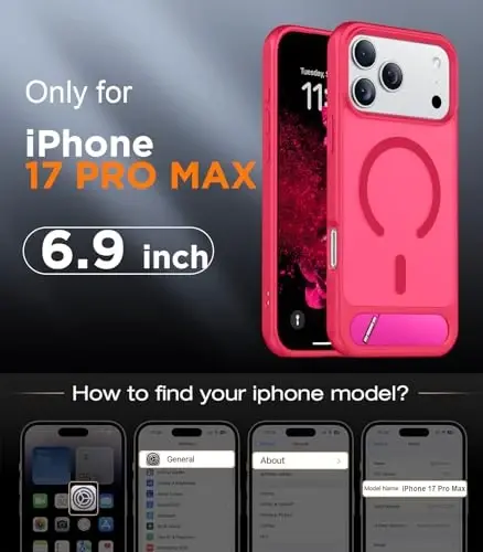 Temdan iPhone 17 Pro Max uchun mo'ljallangan g'ilof, [O'rnatilgan ko'rinmas tirgak][MagSafe bilan mos keladi][Harbiy darajadagi zarbaga chidamli] Yupqa yarim shaffof matli telefon g'ilofi 6,9 dyuym (Hot Pink) - 2