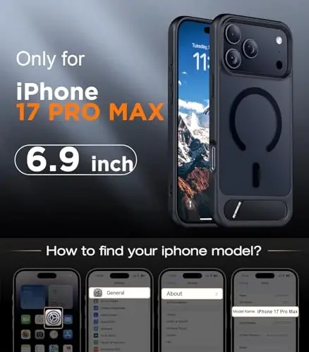 Temdan iPhone 17 Pro Max uchun mo'ljallangan g'ilof, [O'rnatilgan ko'rinmas tirgak][MagSafe bilan mos][Harbiy darajadagi zarbaga chidamli] iPhone 17 Pro Max 6.9 dyuym uchun ingichka yarim shaffof matli telefon g'ilofi (Qora) - 2