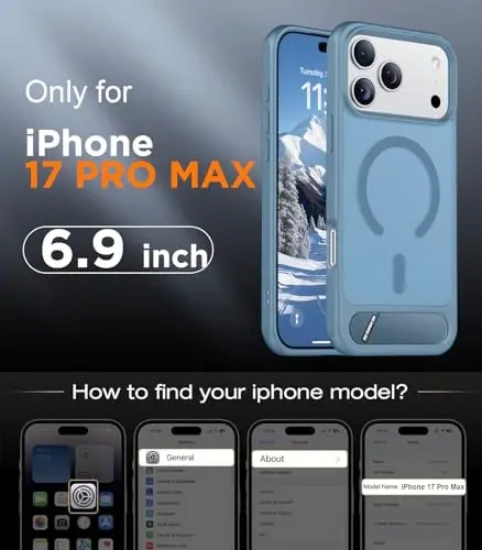 Temdan iPhone 17 Pro Max uchun moʻljallangan gʻilof, [Oʻrnatilgan koʻrinmas tirgak][MagSafe bilan mos][Harbiy darajadagi zarbaga chidamli] Yengil yarim shaffof matli telefon gʻilofi 6,9 dyuym (ochiq moviy) - 2