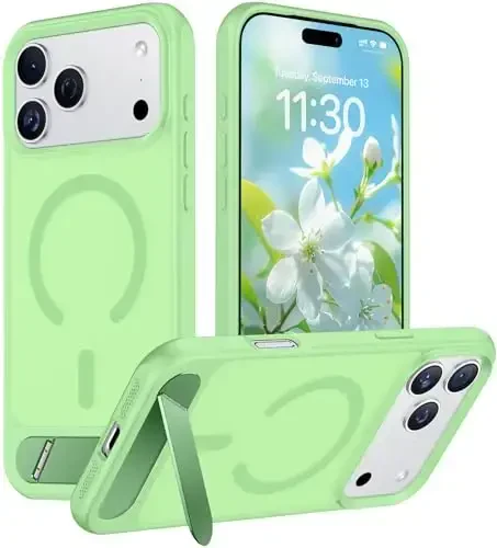 Temdan iPhone 17 Pro Max uchun mo'ljallangan g'ilof, [O'rnatilgan ko'rinmas tirgak][MagSafe bilan mos][Harbiy darajadagi zarbga chidamli] Yupqa shaffof matli telefon g'ilofi 6,9 dyuym (och yashil) - 1