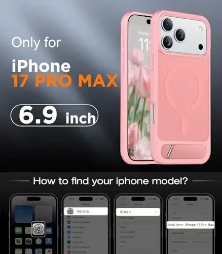 Temdan iPhone 17 Pro Max uchun mo'ljallangan g'ilof, [O'rnatilgan ko'rinmas tirgak][MagSafe bilan mos][Harbiy darajadagi zarbga chidamli] Yupqa shaffof matli telefon g'ilofi 6,9 dyuym (pushti) - 2