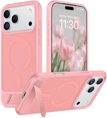 Temdan iPhone 17 Pro Max uchun mo'ljallangan g'ilof, [O'rnatilgan ko'rinmas tirgak][MagSafe bilan mos][Harbiy darajadagi zarbga chidamli] Yupqa shaffof matli telefon g'ilofi 6,9 dyuym (pushti) 