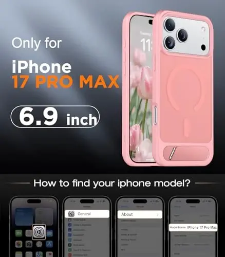 Temdan iPhone 17 Pro Max uchun mo'ljallangan g'ilof, [O'rnatilgan ko'rinmas tirgak][MagSafe bilan mos][Harbiy darajadagi zarbga chidamli] Yupqa shaffof matli telefon g'ilofi 6,9 dyuym (pushti) - TEMDAN (1)