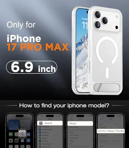 Temdan iPhone 17 Pro Max uchun mo'ljallangan g'ilof, [O'rnatilgan ko'rinmas tirgak][MagSafe bilan mos][Harbiy darajadagi zarbga chidamli] Yupqa shaffof matli telefon g'ilofi 6,9 dyuym (Shaffof mat) - 3